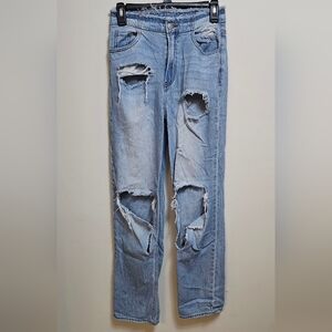 S.O.N.G. 1/25 90s Boyfriend Jean‎ light wash distressed fringe waist hem
